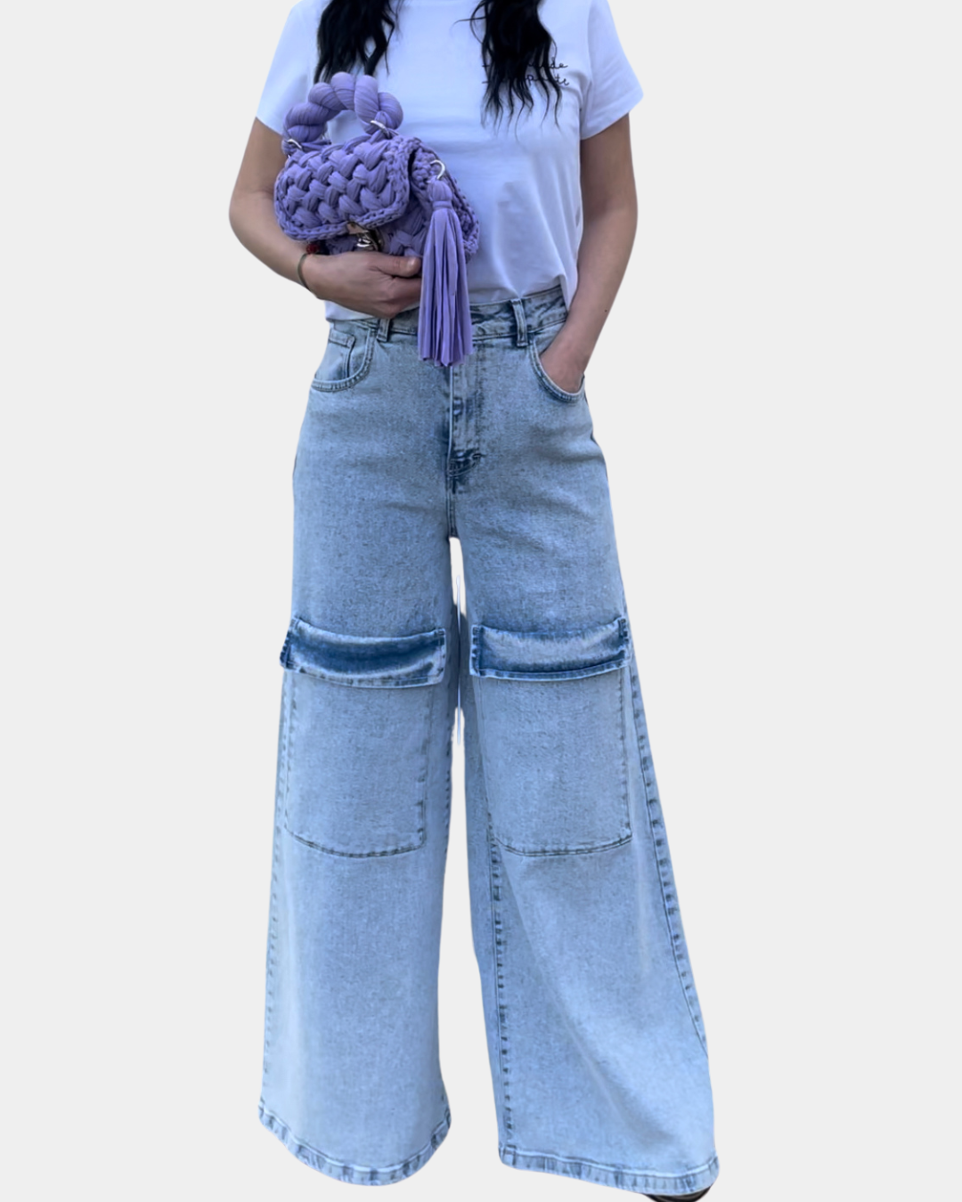 Jeans cargo a vita alta