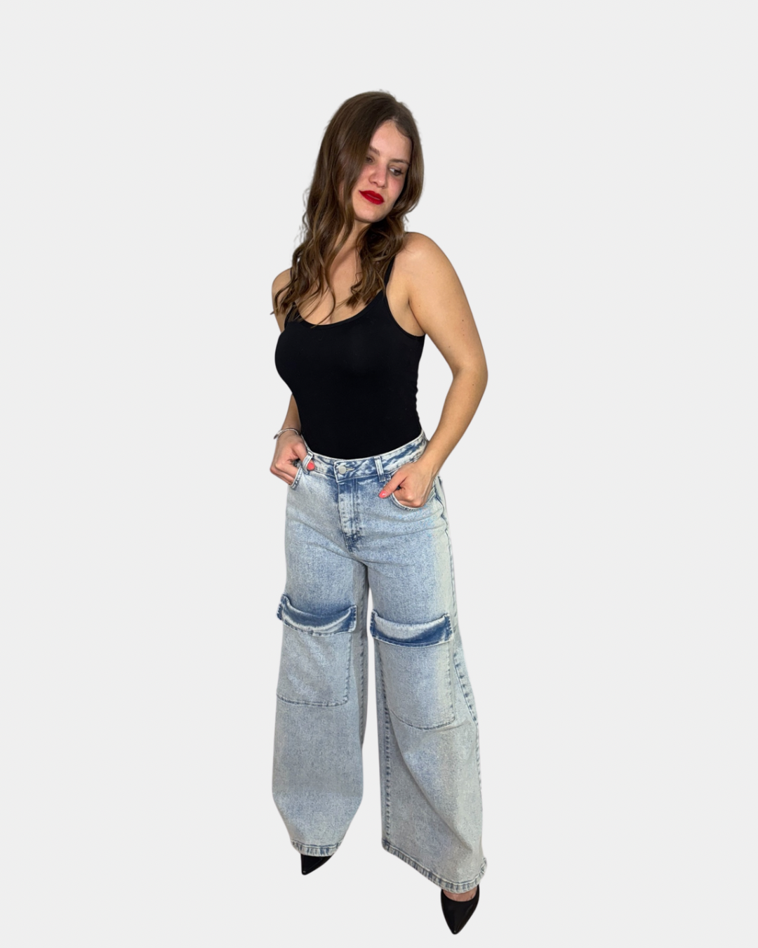 Jeans cargo a vita alta